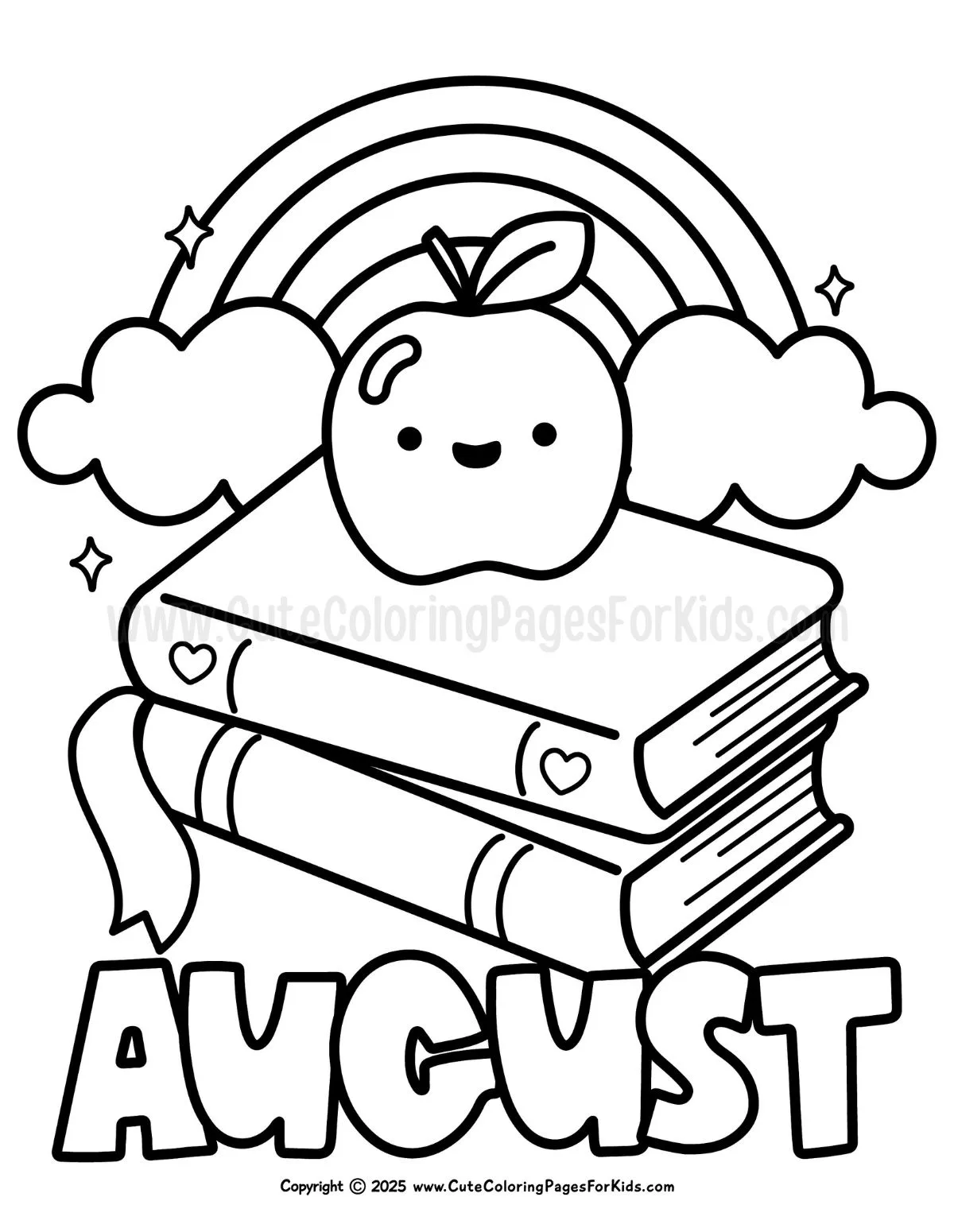 August coloring page for kids with cute apple on a stack of books with a rainbow in the background