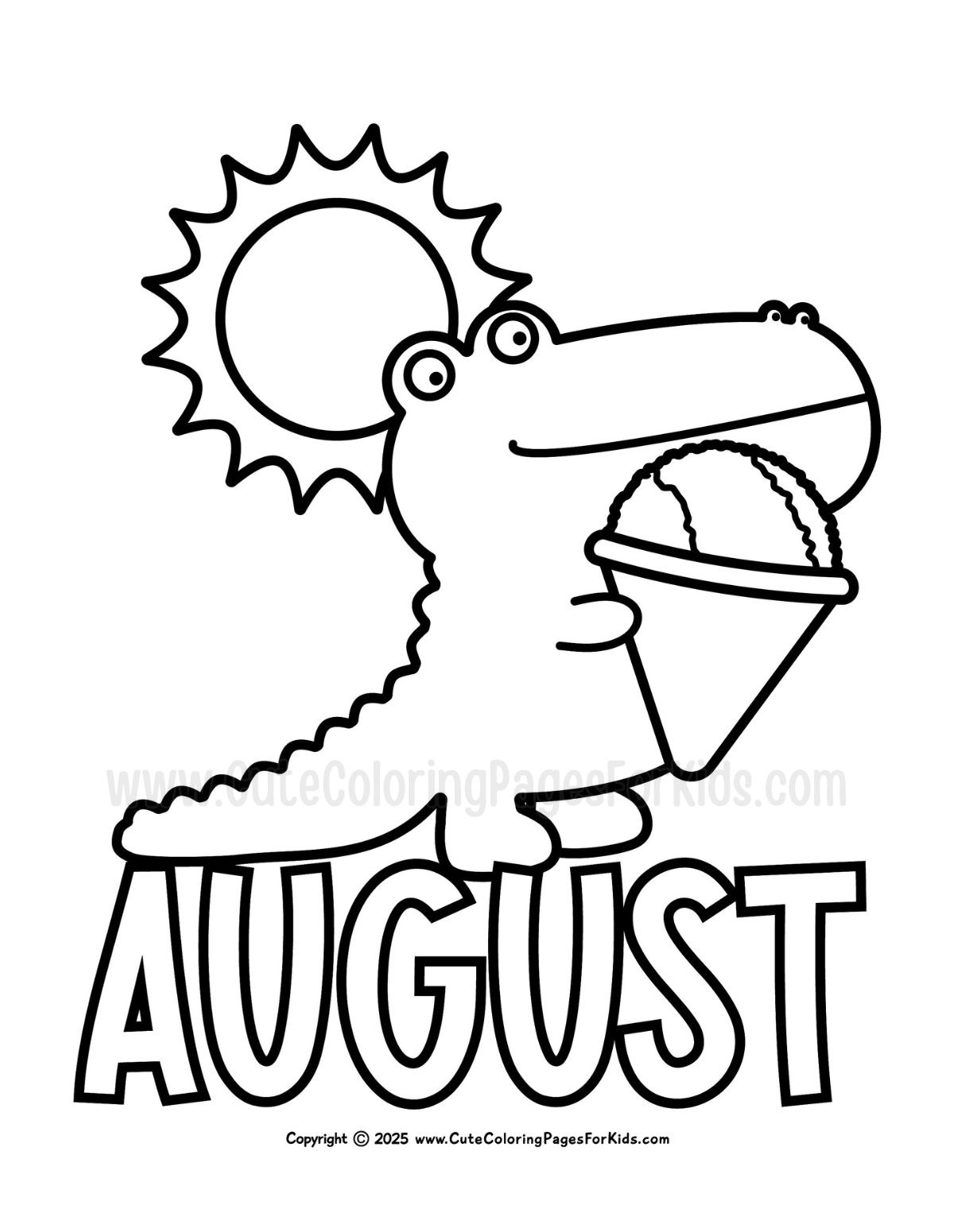 Simple August coloring page with alligator enjoying a snow cone in the summer sun