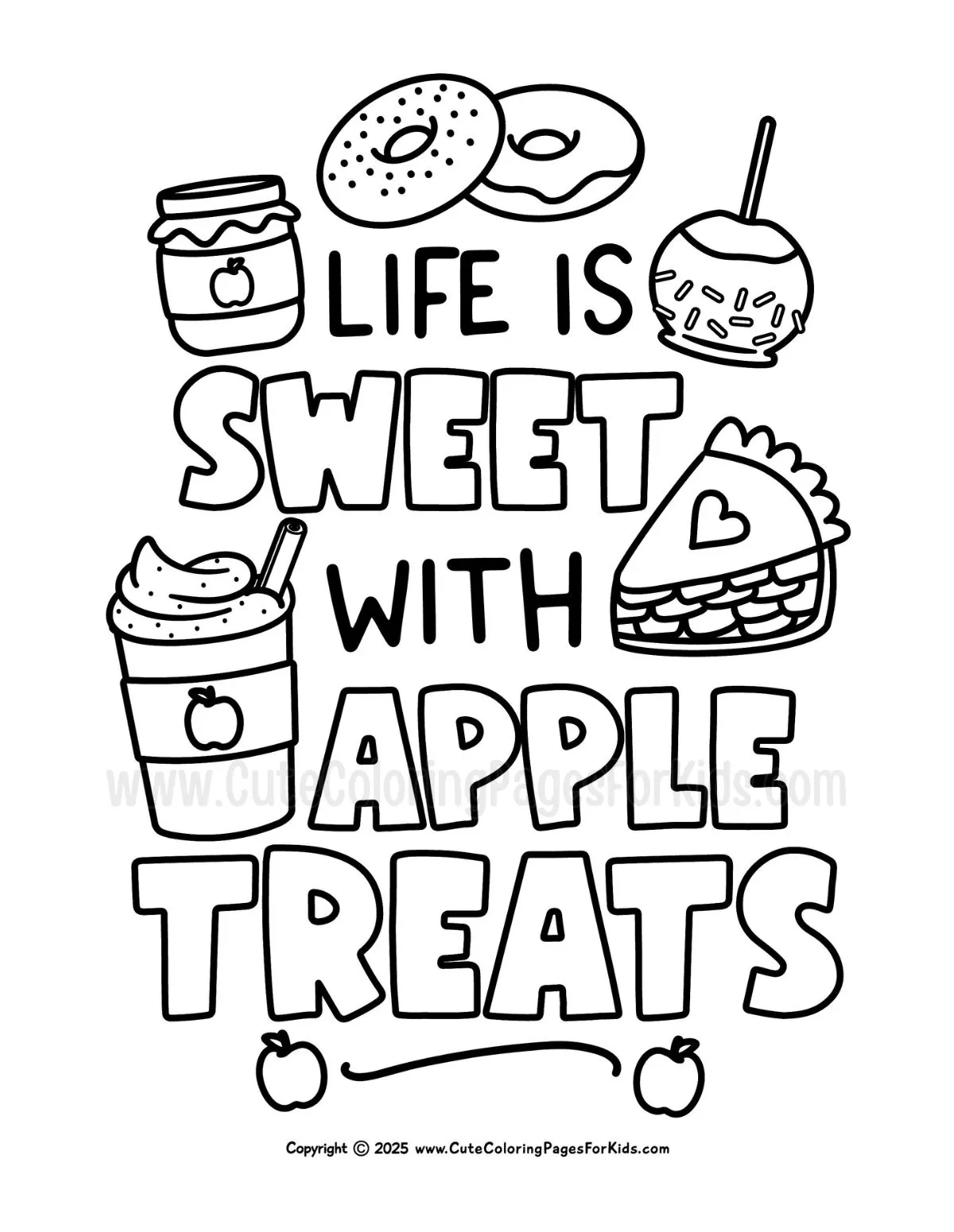 Apple treats coloring page with simple typography - life is sweet with apple treats - and cute illustrations of apple treats