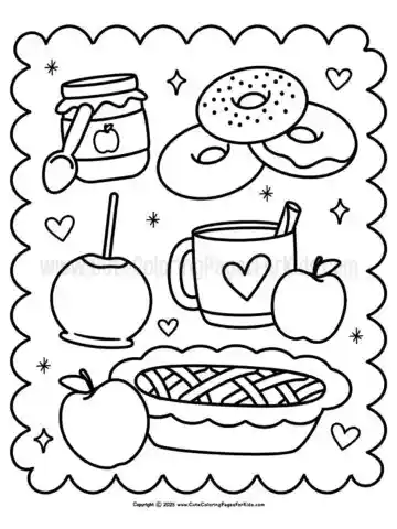 apple themed coloring page with sweet apple foods