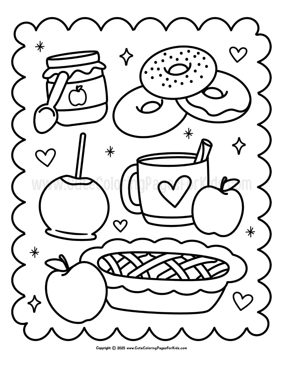 apple themed coloring page with sweet apple foods