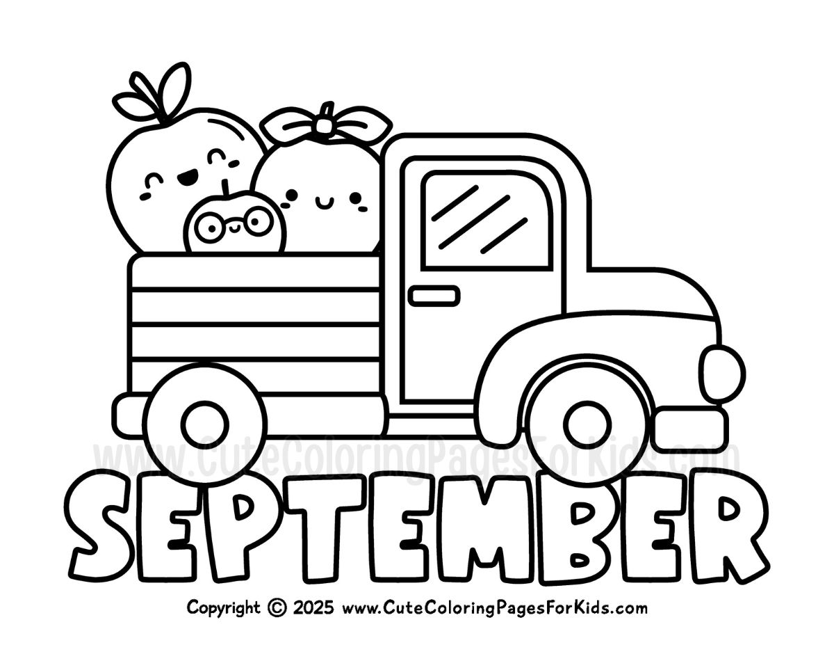 September coloring page with farm truck hauling a load of cute, happy apples.