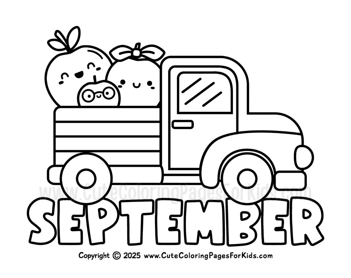 September coloring page with farm truck hauling a load of cute, happy apples.