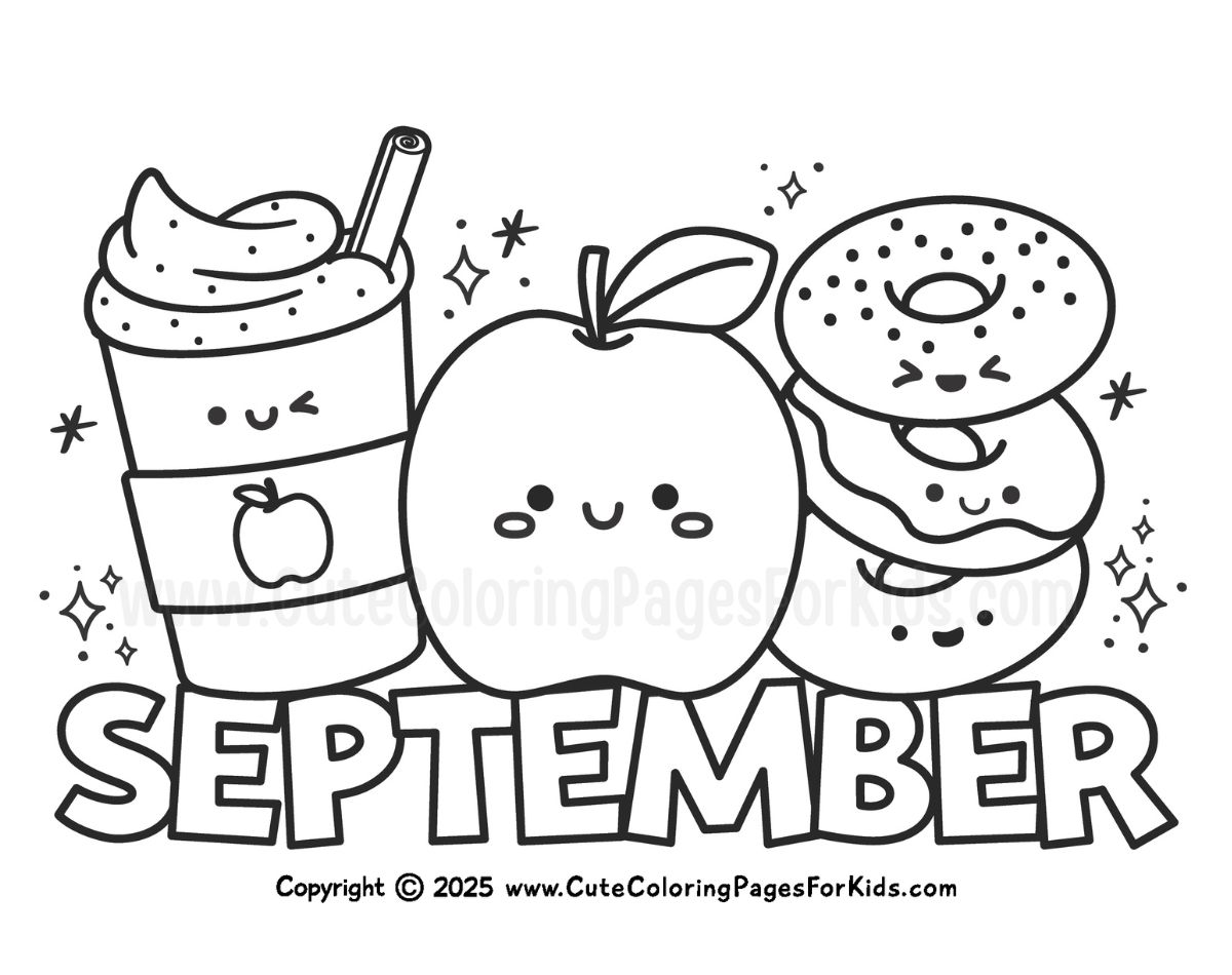 September coloring page with apple treats to color
