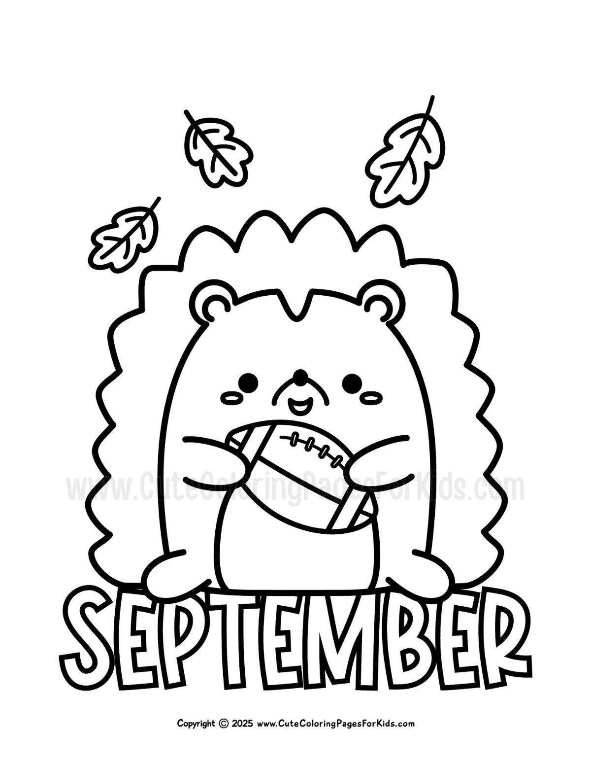 September coloring page featuring a hedgehog holding a football with simple lines for easy coloring