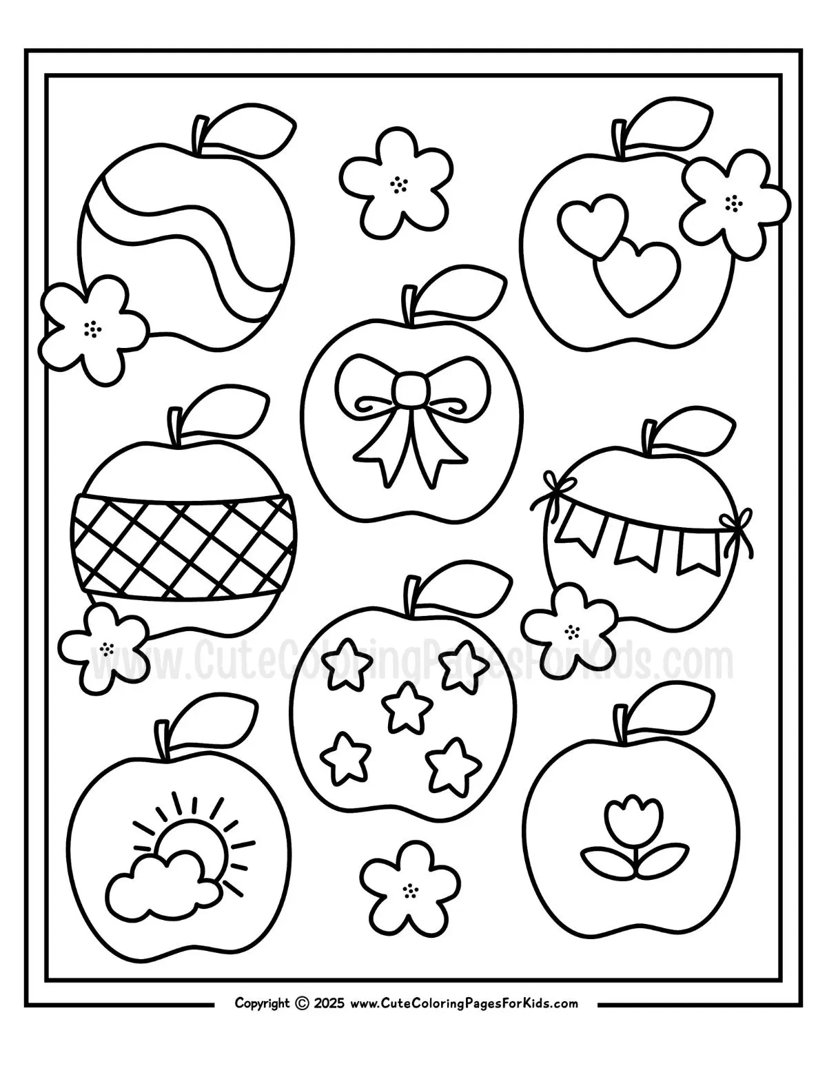 coloring page of apples with a variety of cute and simple patterns within them