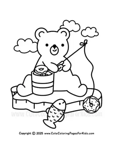 cute bear ice fishing coloring page