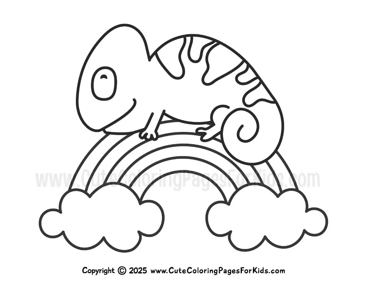 coloring page with picture of a chameleon on top of a rainbow