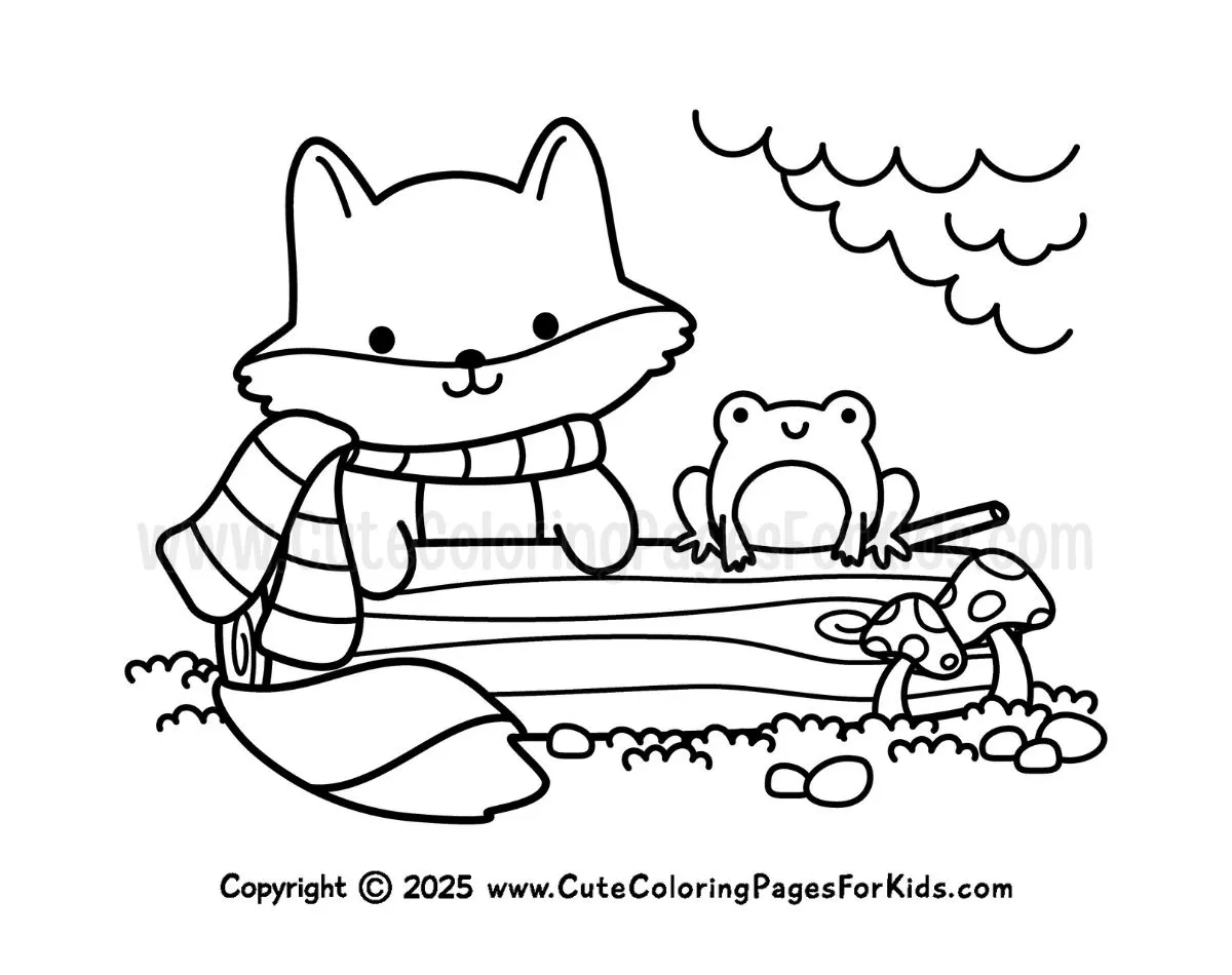 cute woodland fox with frog on a log coloring page