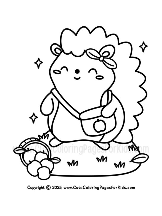 cute hedgehog coloring page with picture of hedgehog collecting apples