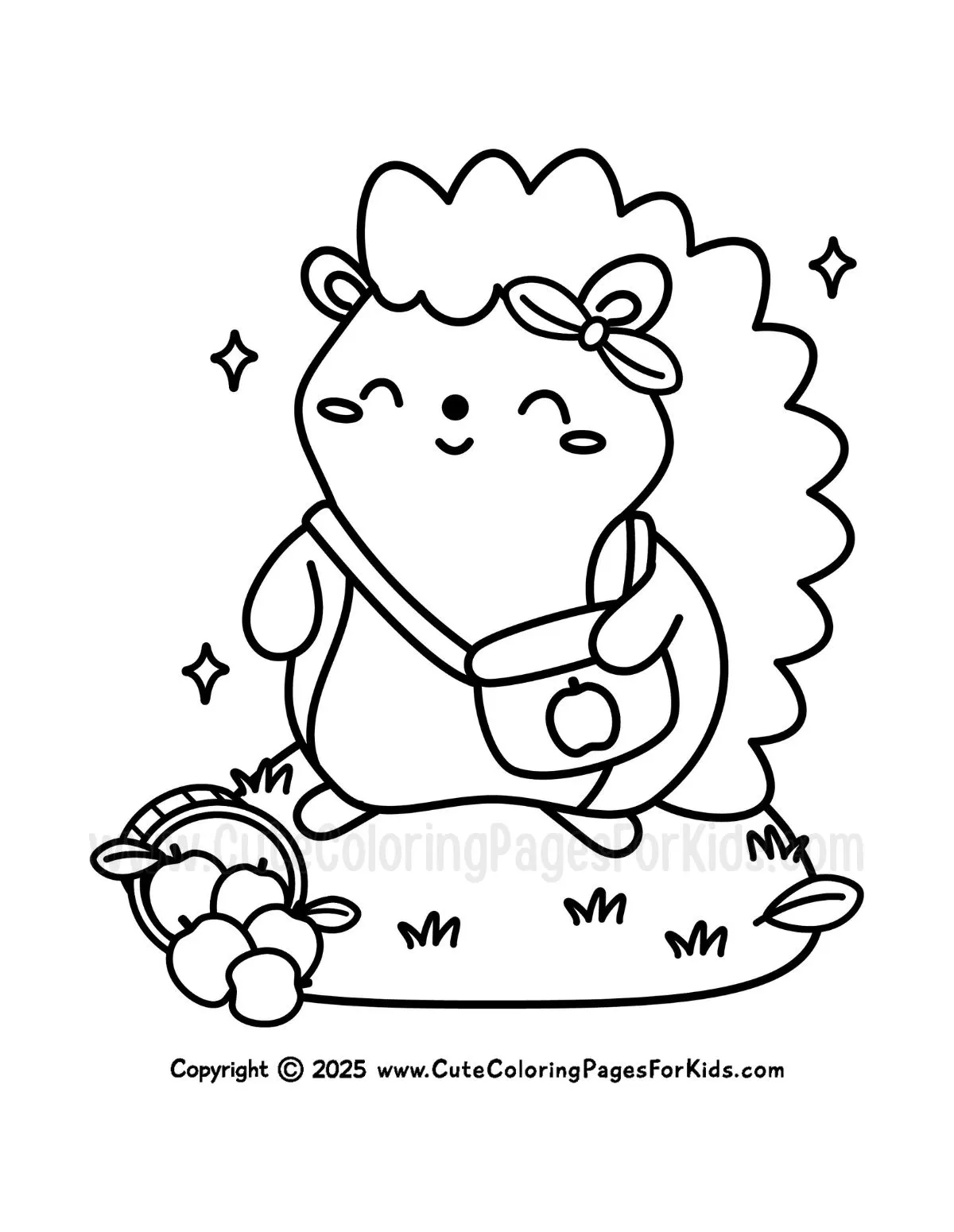 cute hedgehog coloring page with picture of hedgehog collecting apples