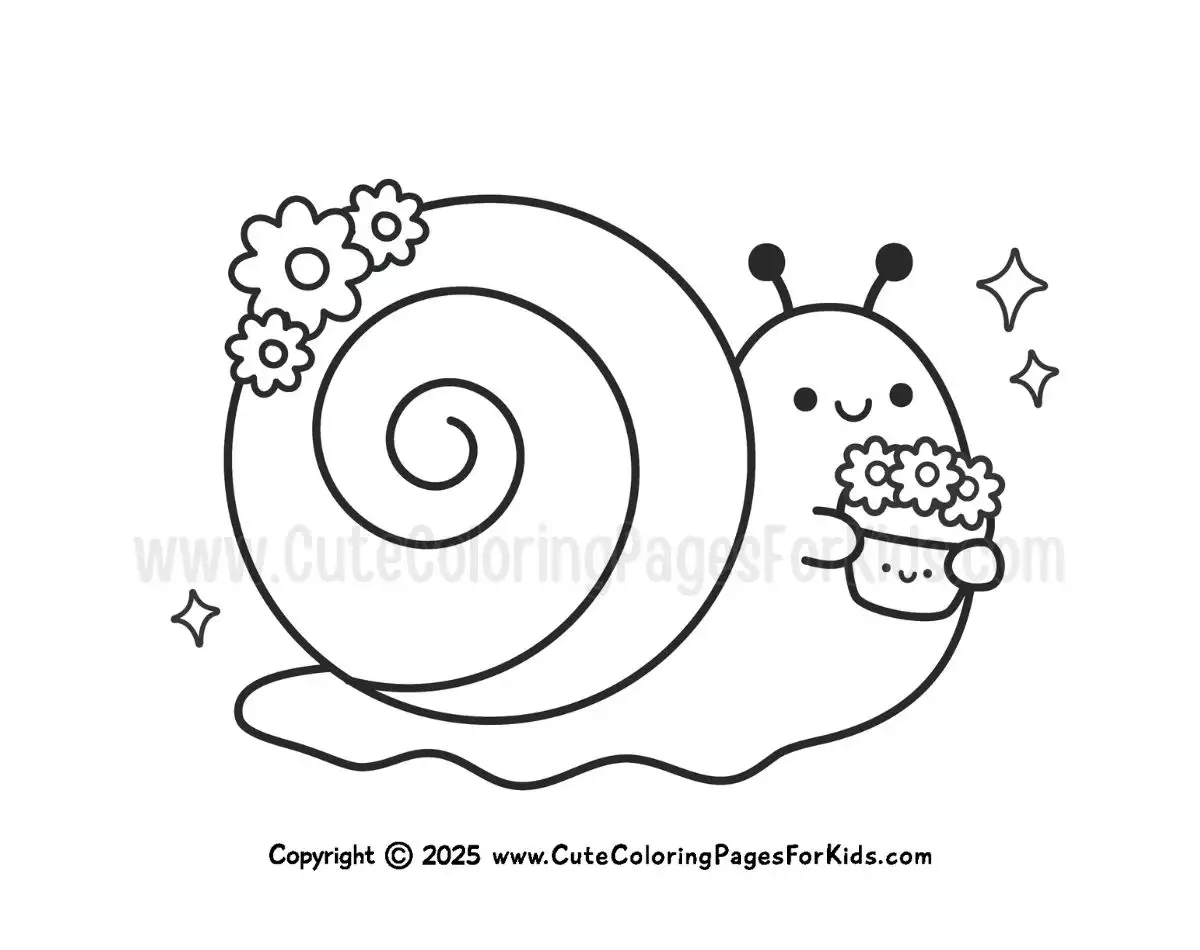 cute snail coloring page with snail holding a flower pot
