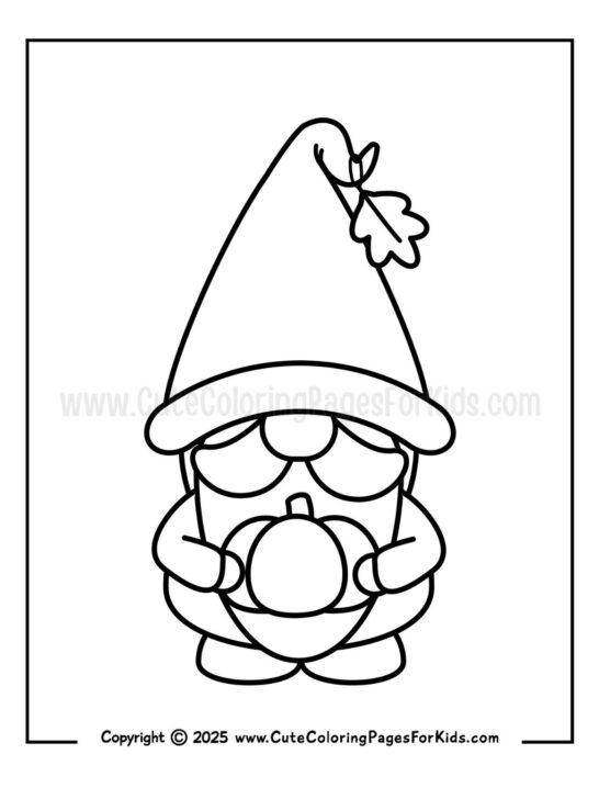 fall gnome coloring page with simple illustration of a gnome holding a pumpkin