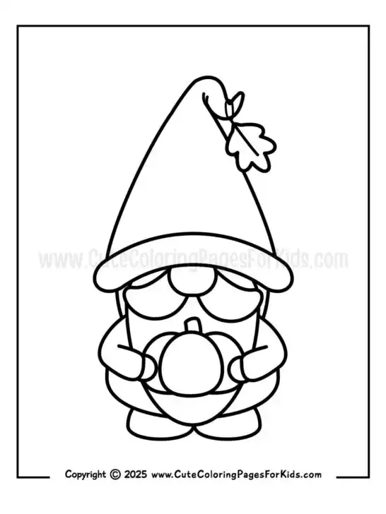 fall gnome coloring page with simple illustration of a gnome holding a pumpkin