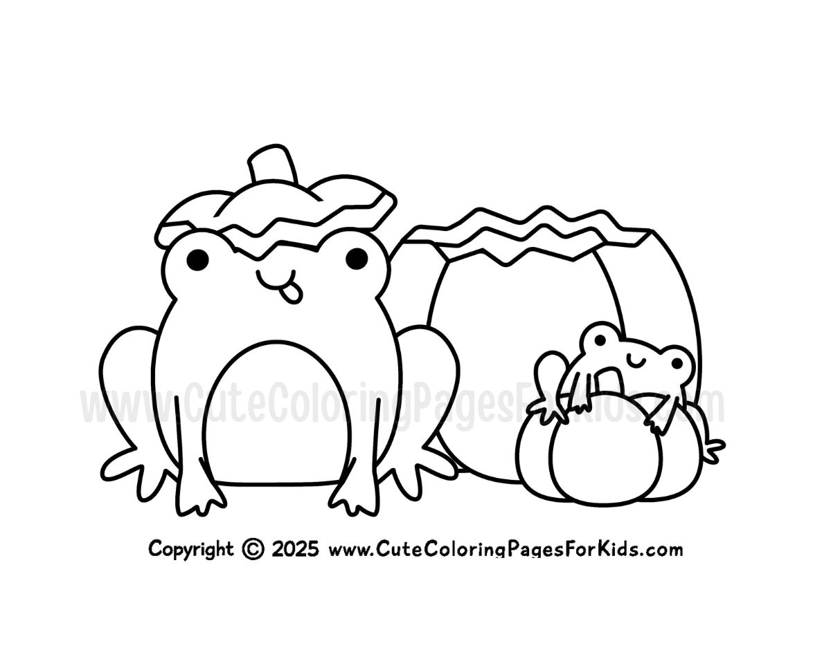 coloring page with picture of two frogs playing in a pumpkin