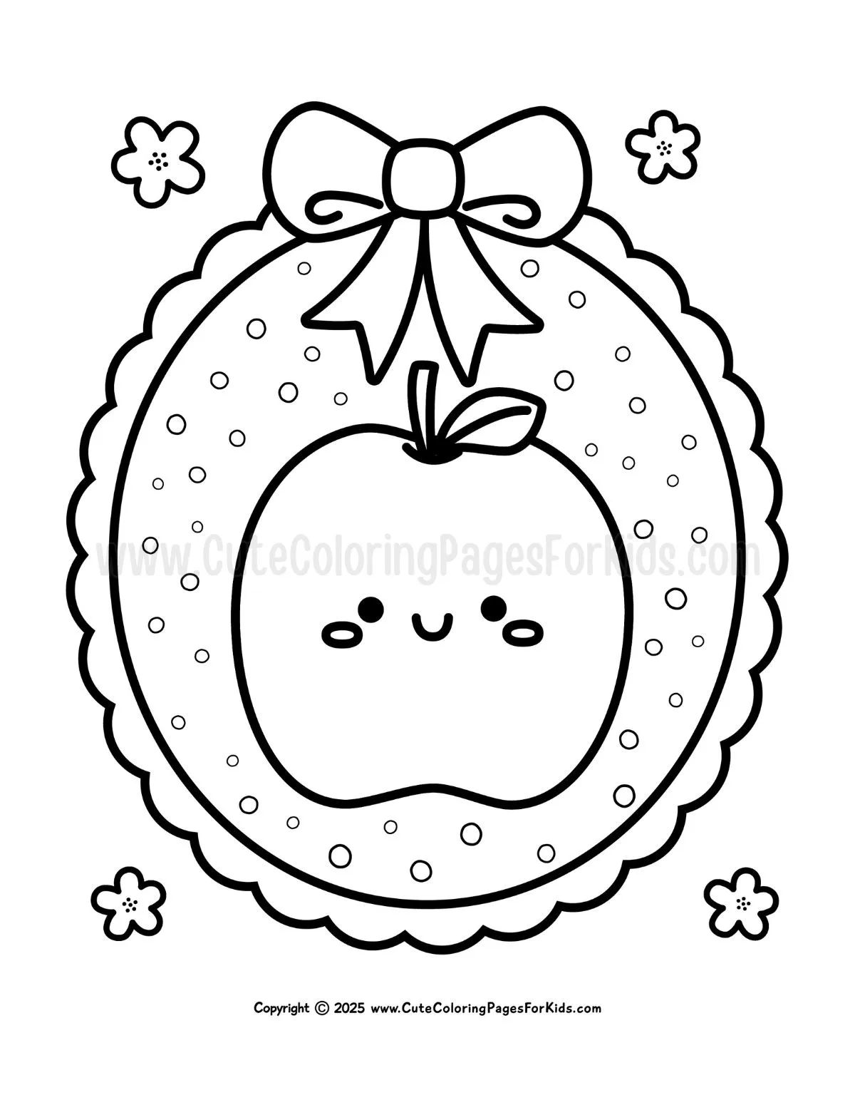 kawaii apple coloring page with cute apple in a frame with a bow on top