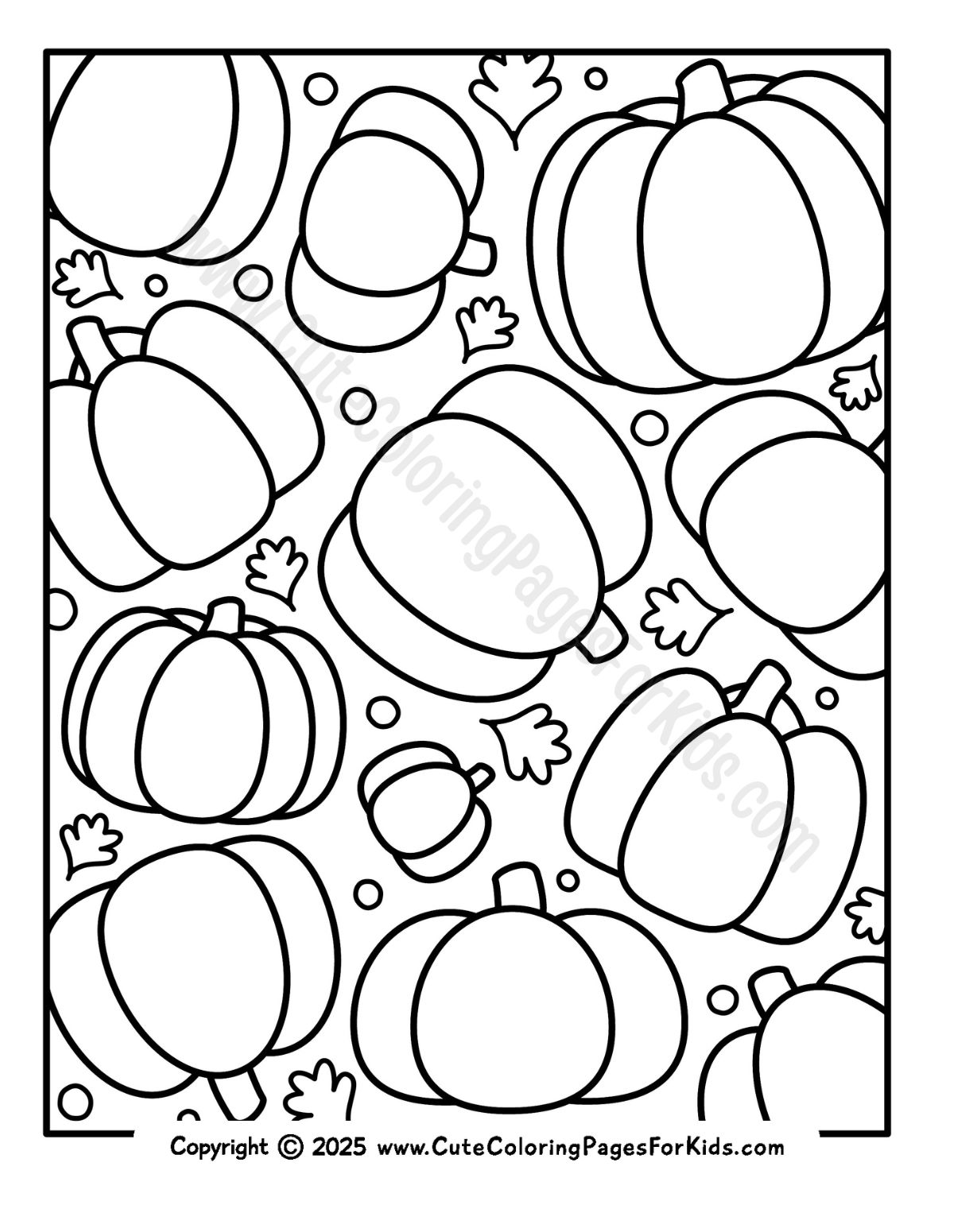 full page pattern of pumpkins to color with small leaves mixed in