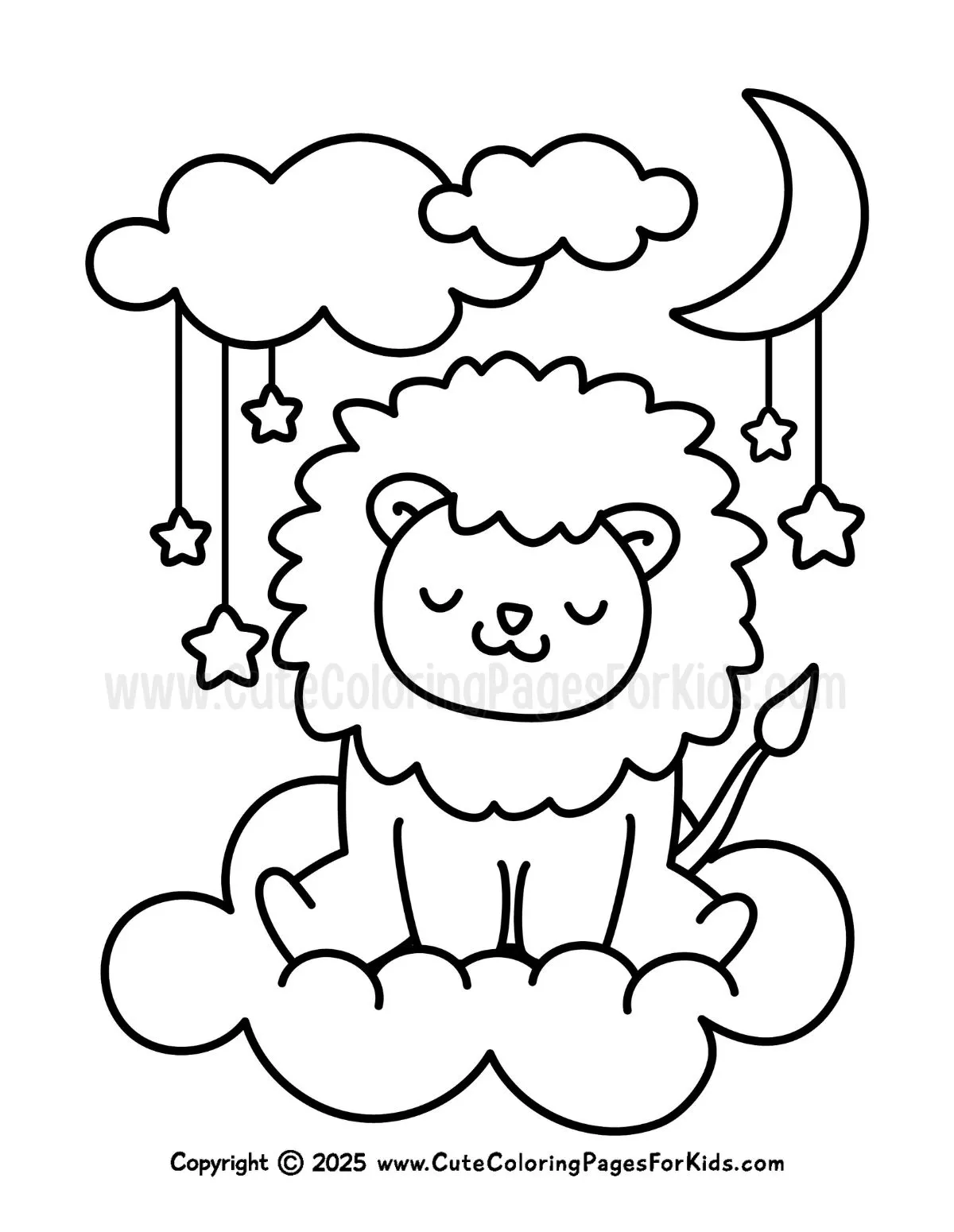 sleepy lion coloring page with moon and starts