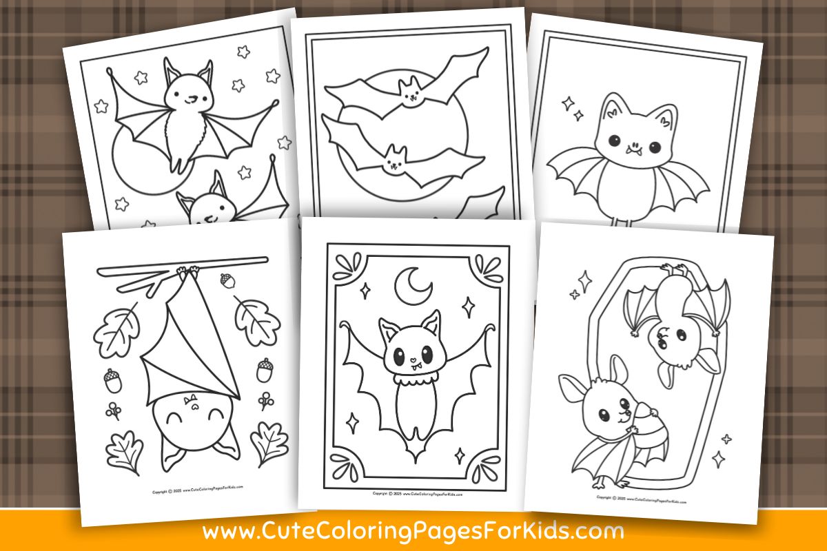 collection of 6 bat coloring sheets from cutecoloringpagesforkids.com