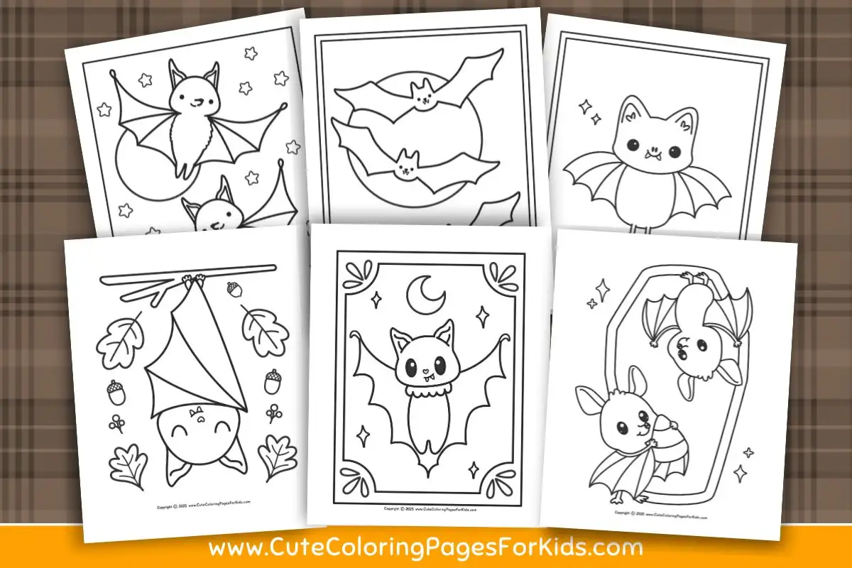 collection of 6 bat coloring sheets from cutecoloringpagesforkids.com