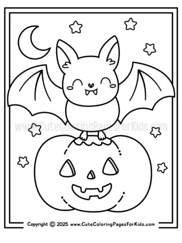 coloring page with a cute bat standing on a jack o' lantern.
