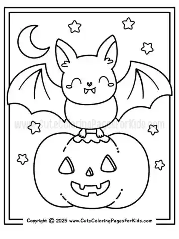 coloring page with a cute bat standing on a jack o' lantern.
