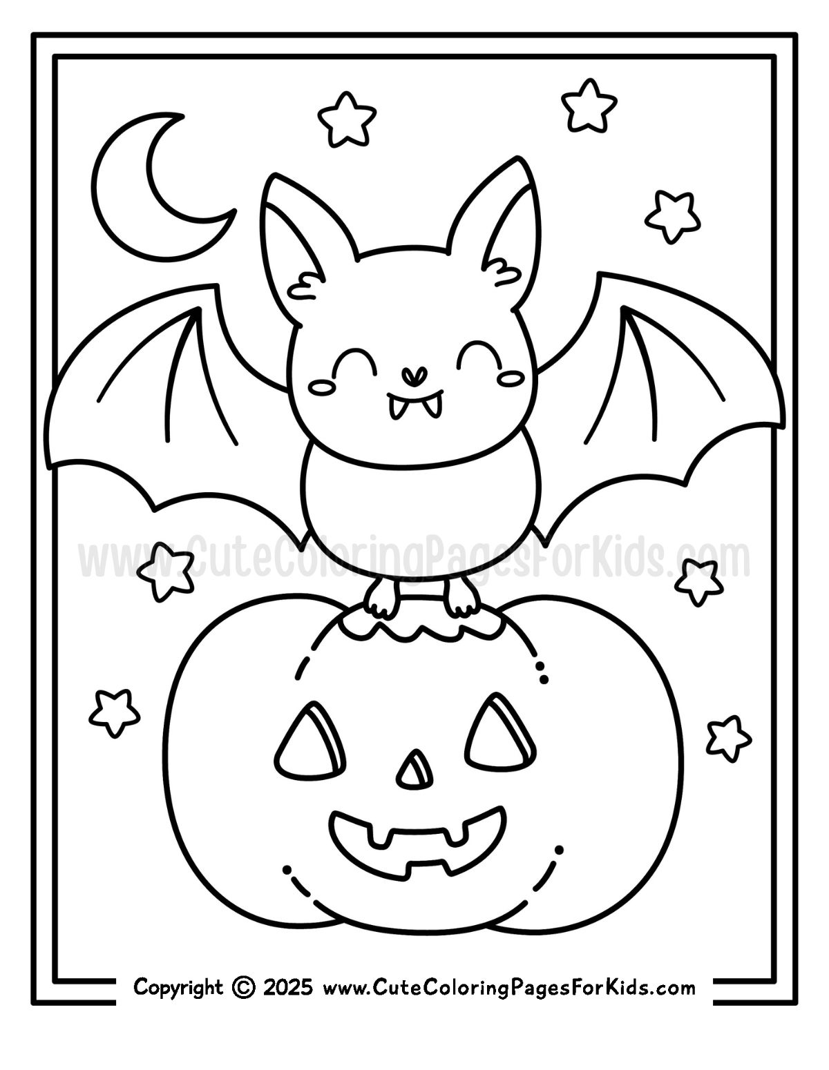 coloring page with a cute bat standing on a jack o' lantern.