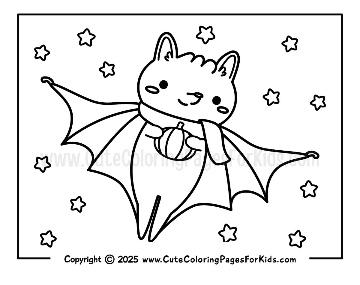 coloring page of a cute flying bat holding a pumpkin 