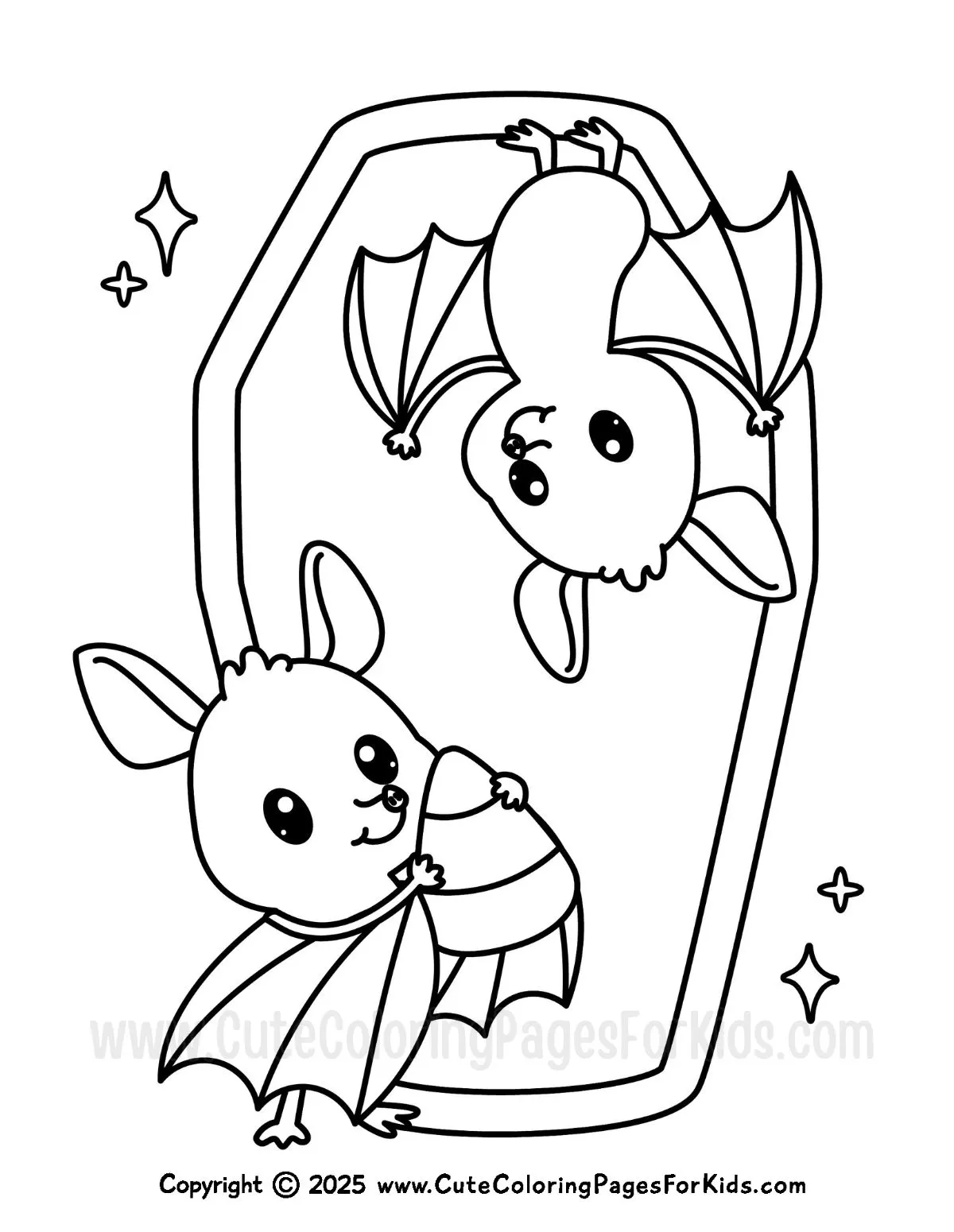 cute Halloween bats coloring sheet with bats outside of a coffin sharing a candy corn