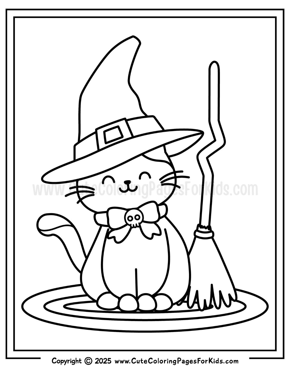 coloring page with cute cat wearing a witch's hat with a broom