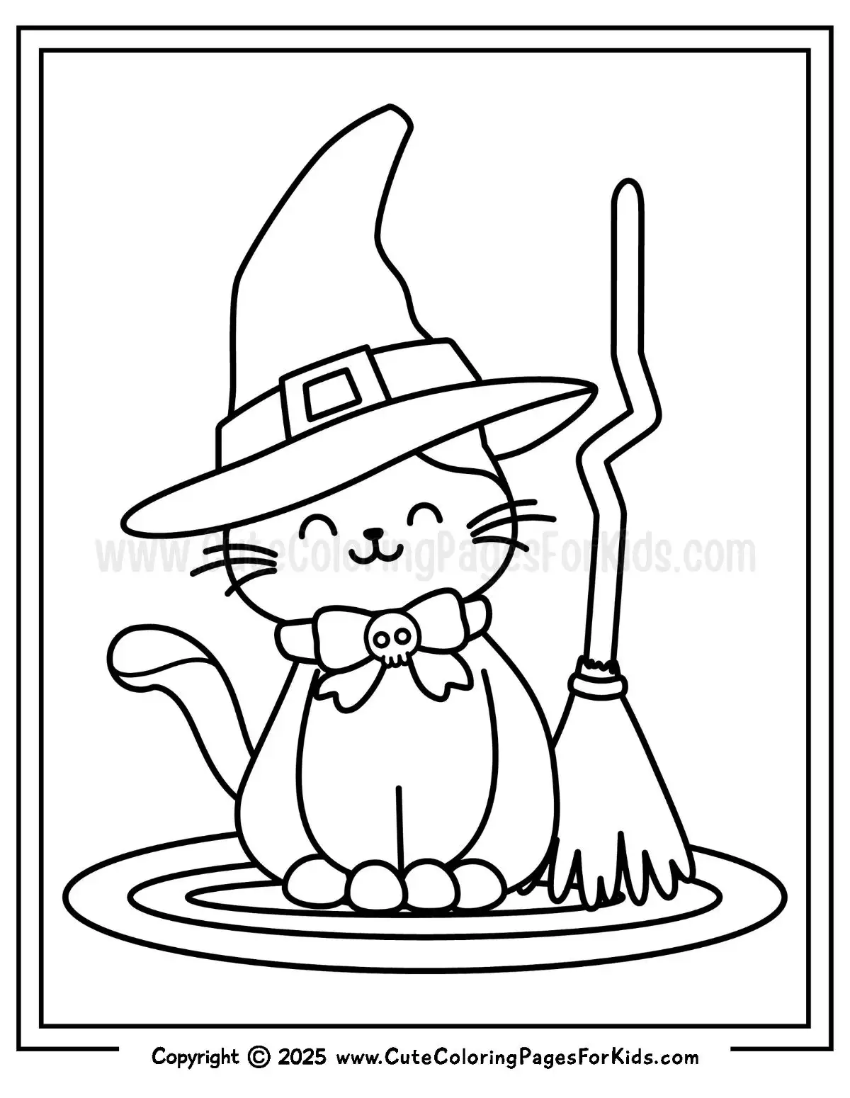 coloring page with cute cat wearing a witch's hat with a broom