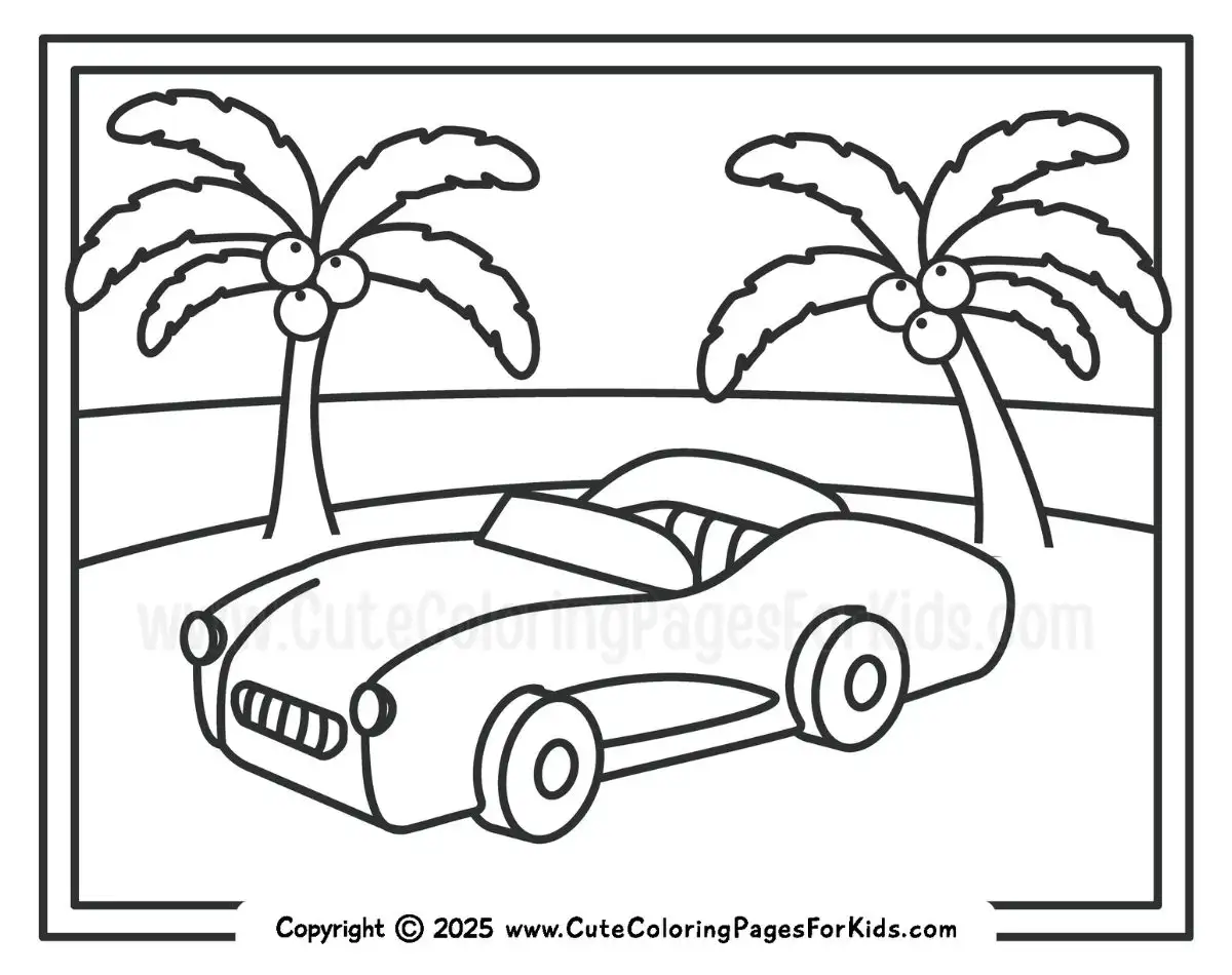 convertible car coloring page with palm treens