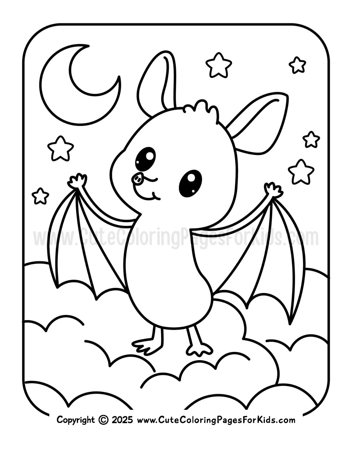 cute bat in clouds and night sky coloring page