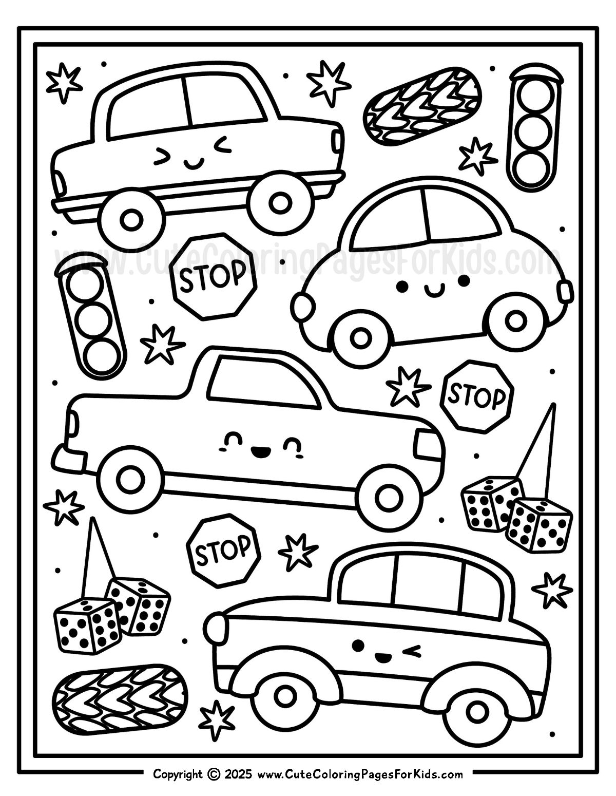 full page coloring sheet with cute cars and car elements