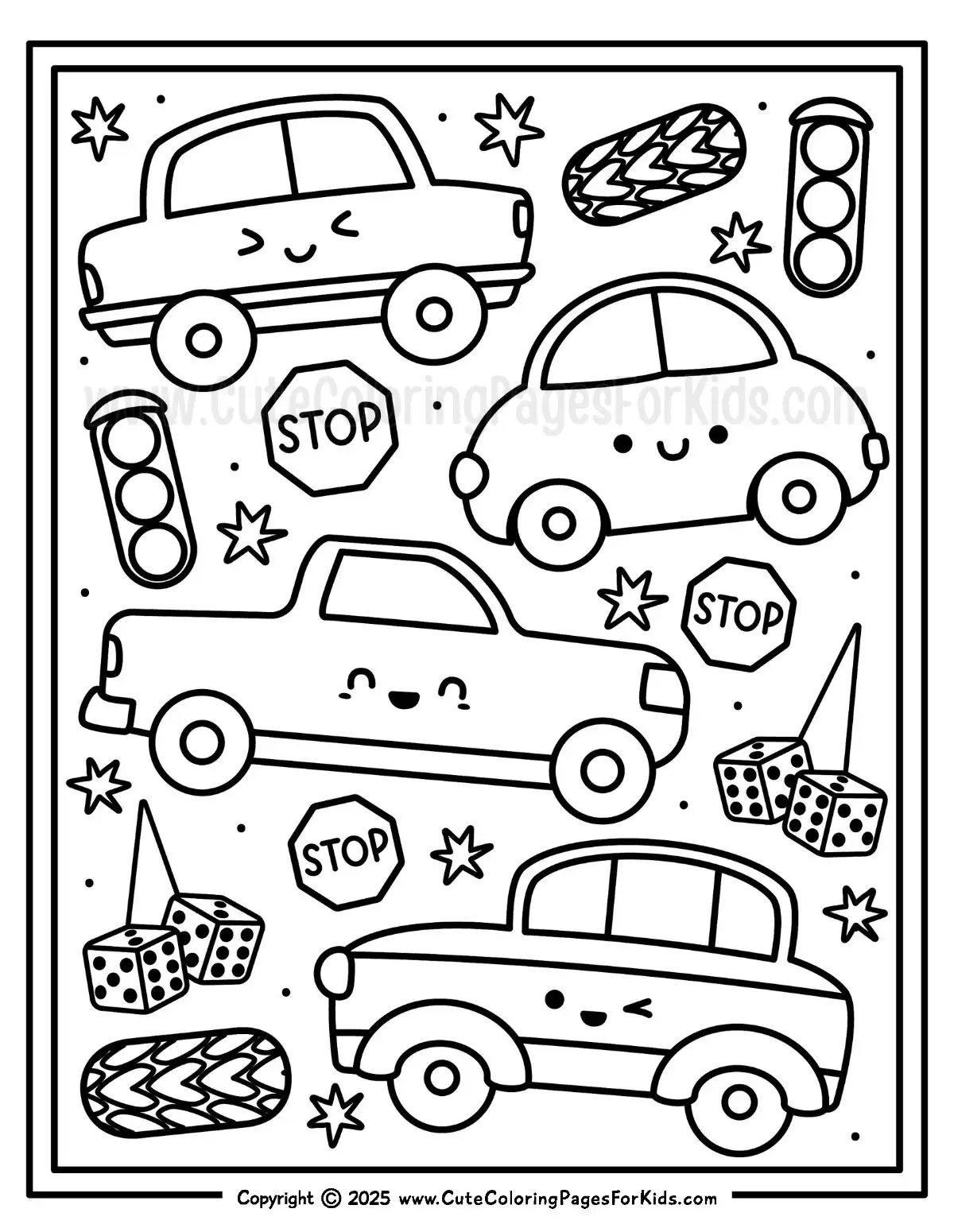 full page coloring sheet with cute cars and car elements