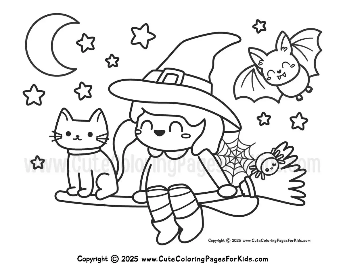 coloring page of witch on broom with cute animals