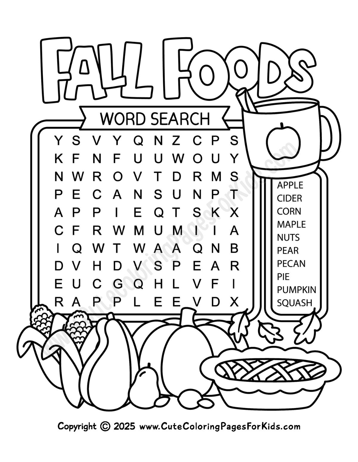 fall word search with 10 easy fall food words and simple illustrations of fall foods