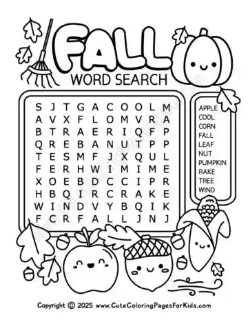 easy fall word search for kids with cute illustrations of fall elements, in black and white