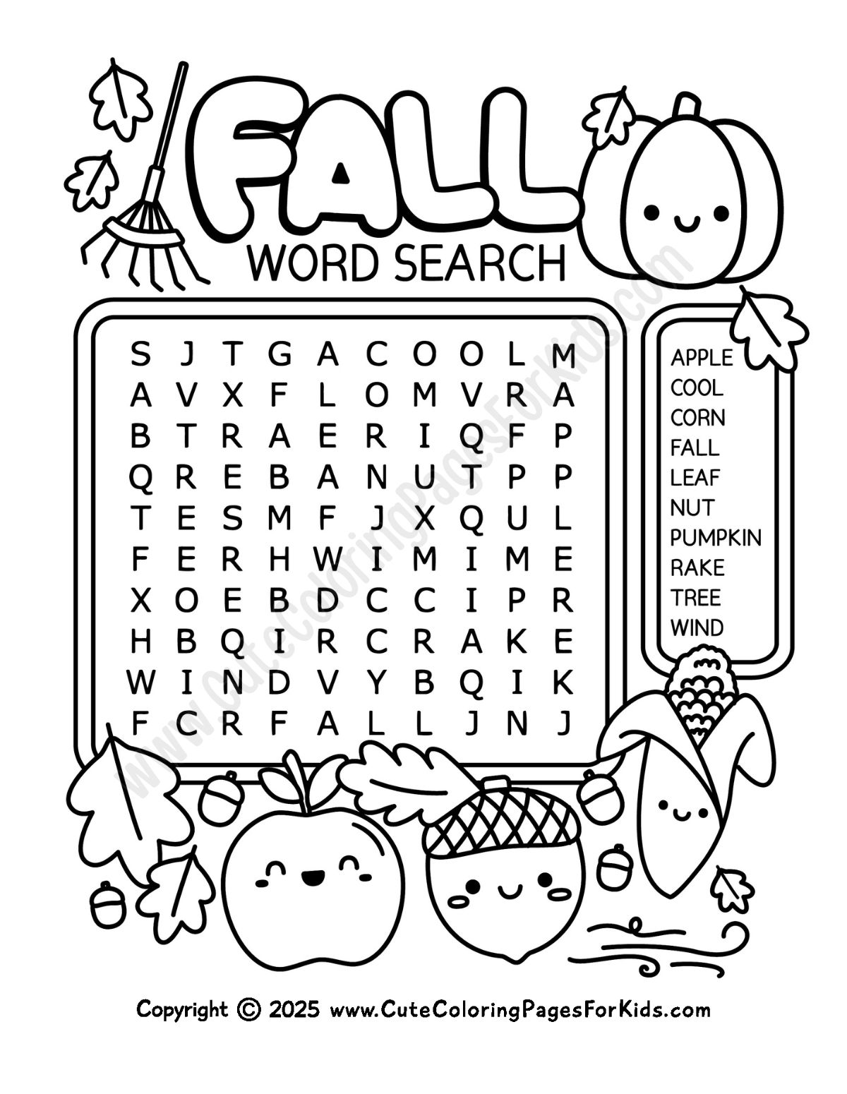 easy fall word search for kids with cute illustrations of fall elements, in black and white