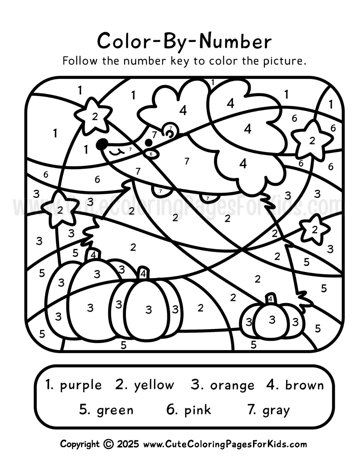 fall themed color-by-number page with cute hedgehog on a haystack with pumpkins beneath