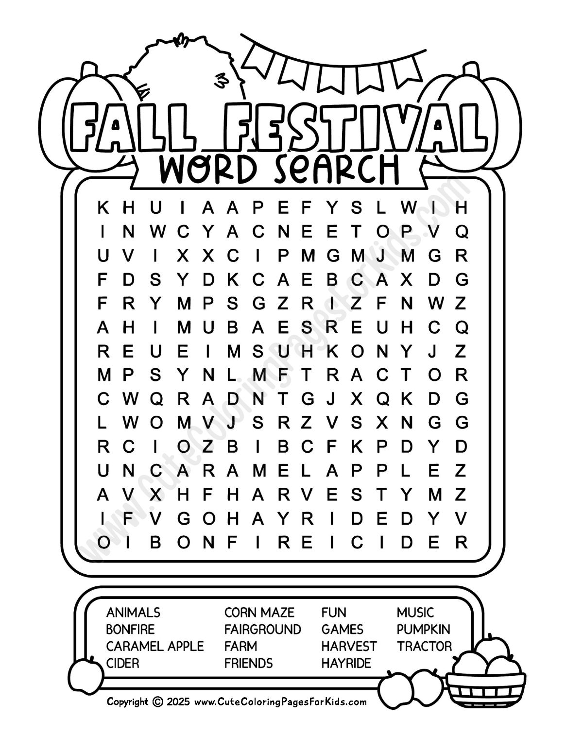 fall festival themed word search for kids