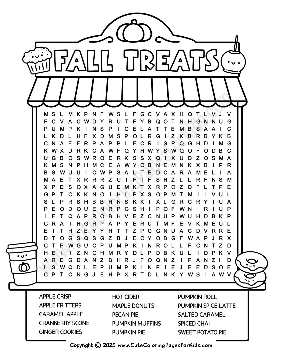 fall treats word search in a bakery window design