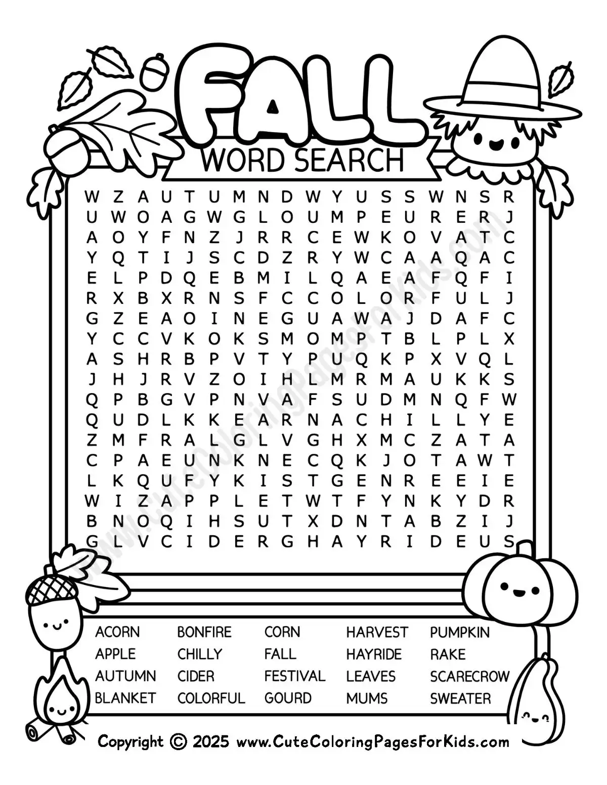 fall word search printable with 20 words to find and fall illustrations to color