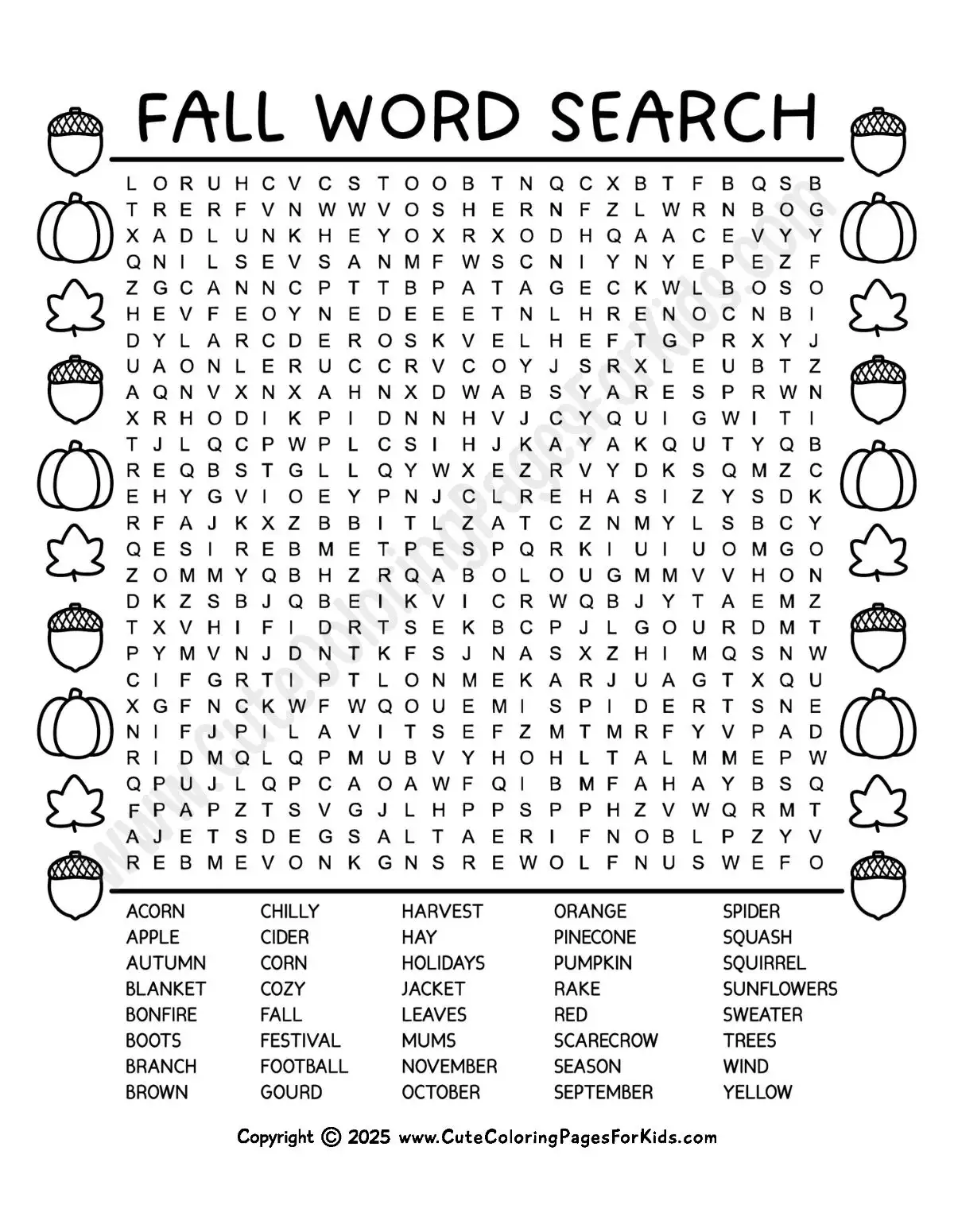 fall word search puzzle with 40 words to find