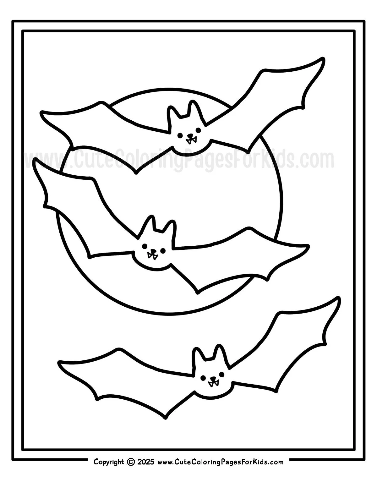 simple outlines of moon with flying bats to color