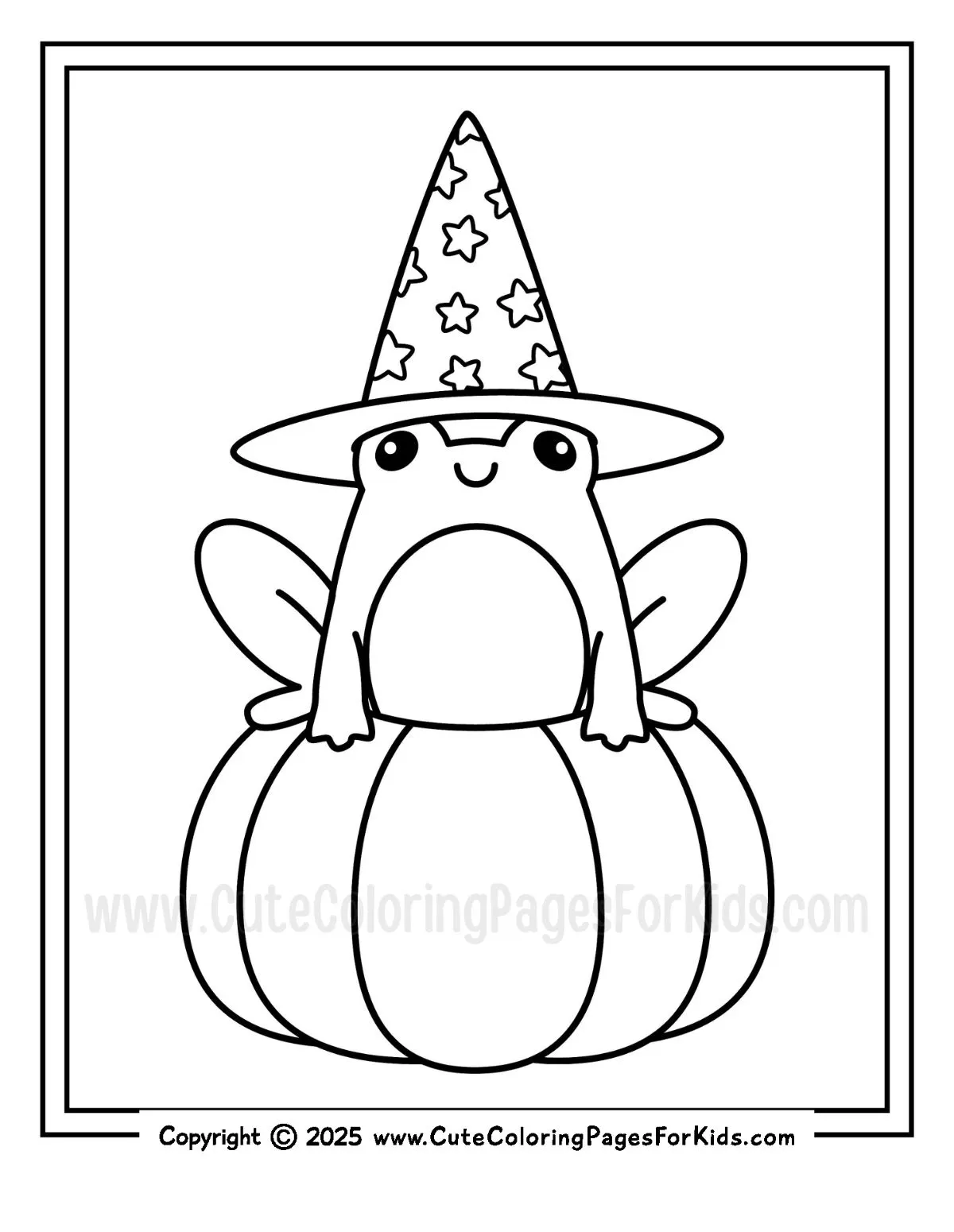 coloring page with a cute frog wearing a witch's hat and sitting on a pumpkin
