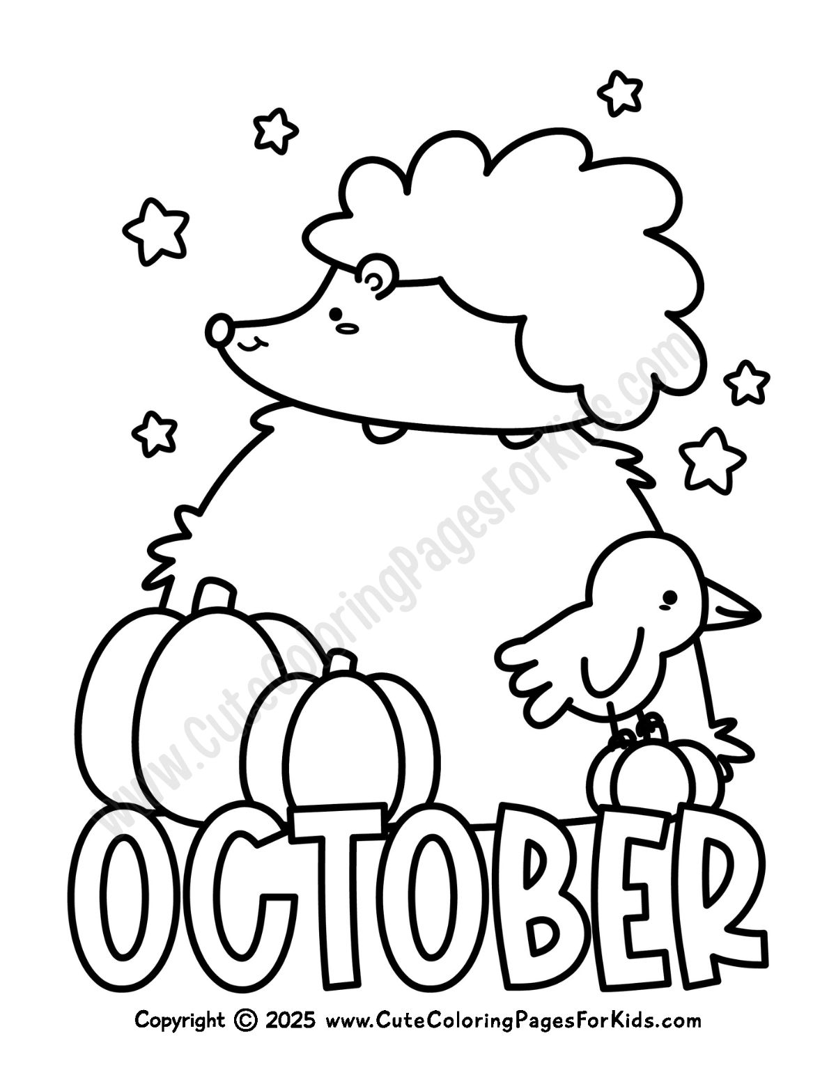 coloring page featuring a hedgehog on a haystack, with pumpkins and a crow, with the word October at the bottom