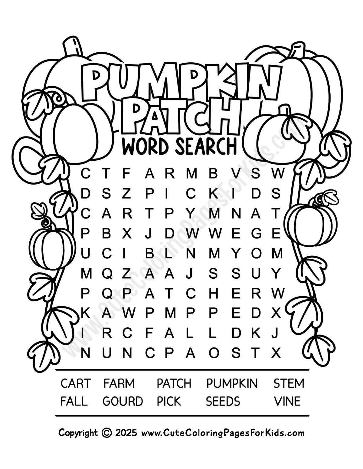 pumpkin patch themed word search for kids with 10 simple words to find