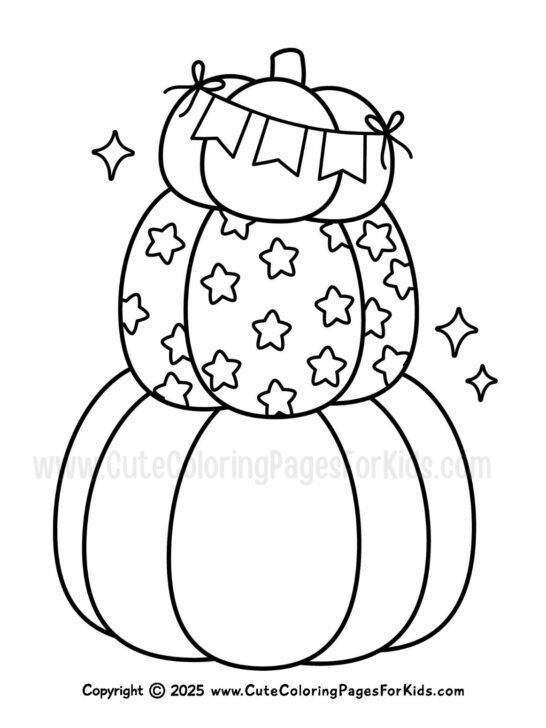 stack of pumpkins coloring page with bunting and stars decorating the pumpkins