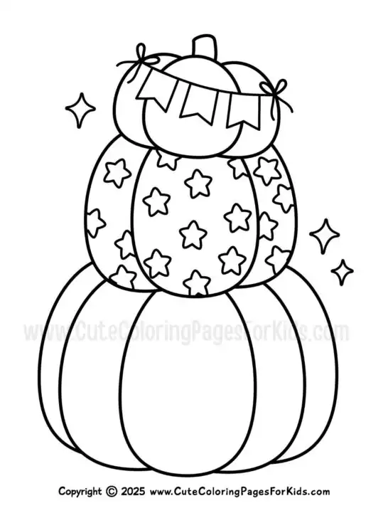 stack of pumpkins coloring page with bunting and stars decorating the pumpkins